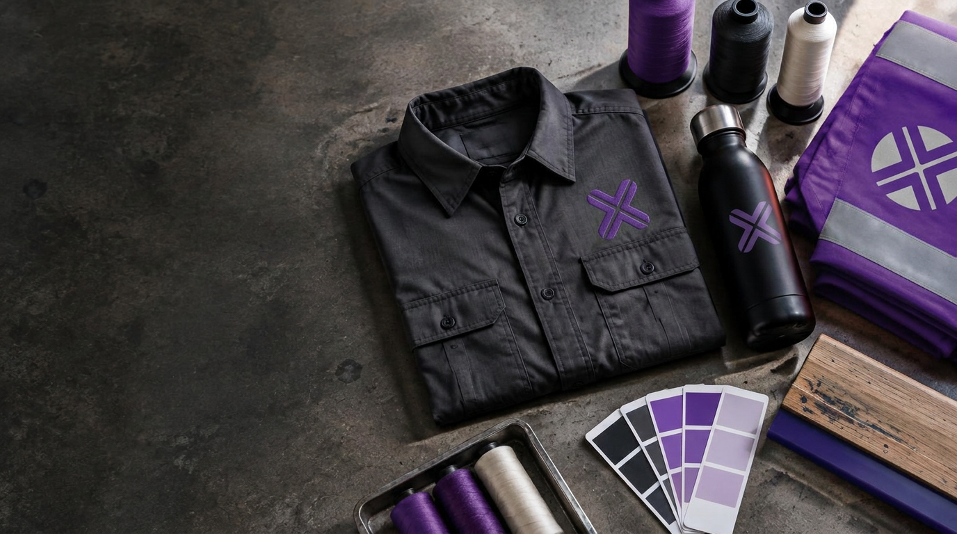 Decorated WorkmodeX workwear and merchandise on a production bench